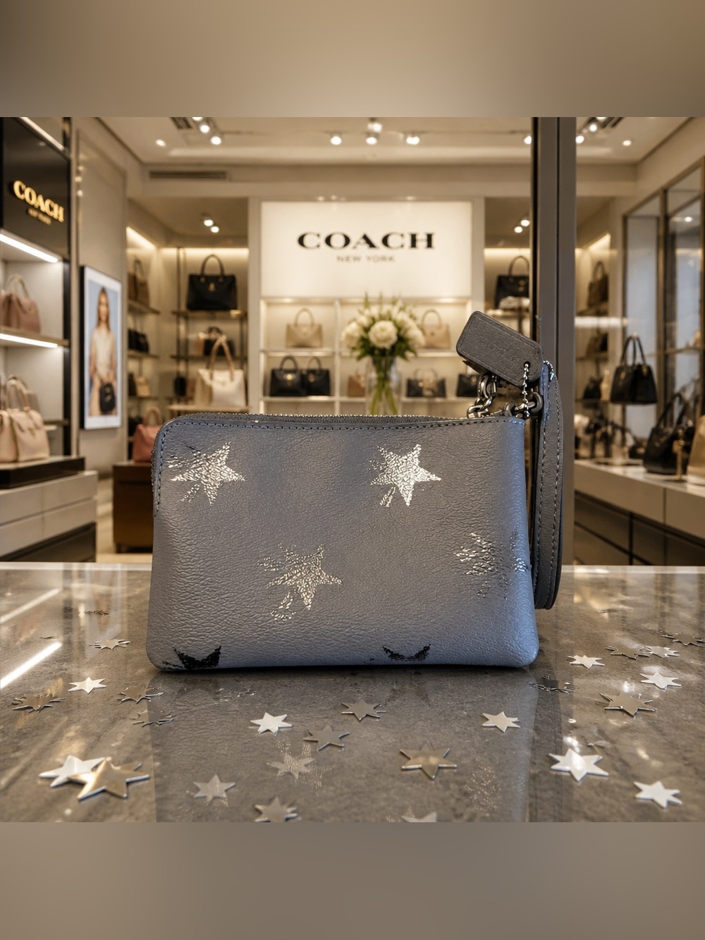 EUC Coach F64645 Star Canyon Grey Leather Silver Wristlet